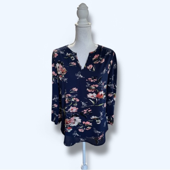 Navy Floral Fun 2 Fun Blouse Size Small Loose-fit NWOT - Picture 1 of 3